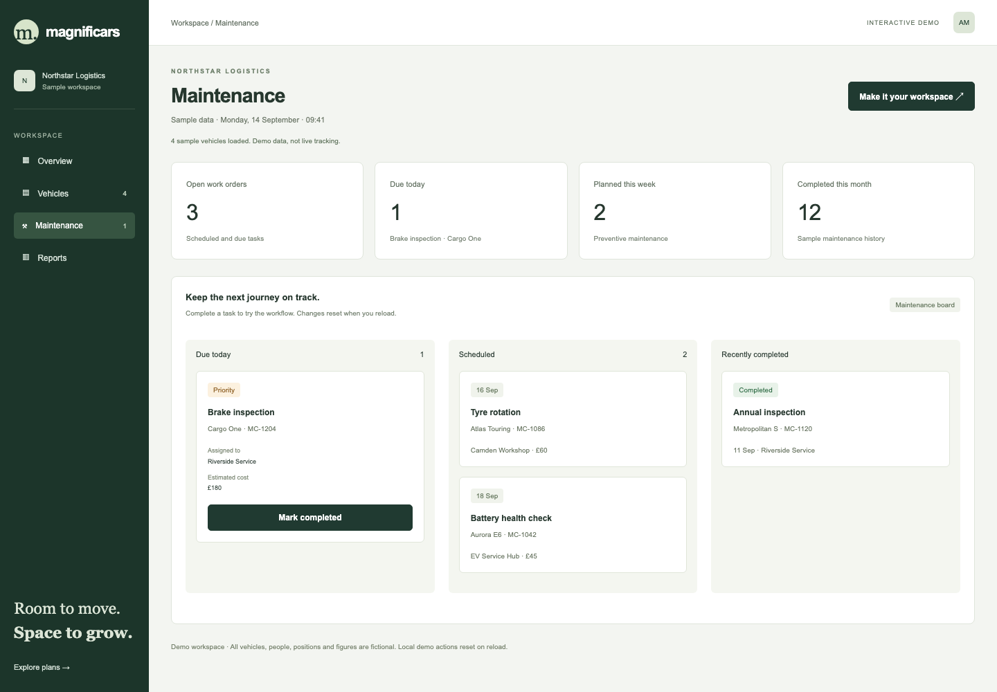 Magnificars maintenance software with due, scheduled and completed work orders